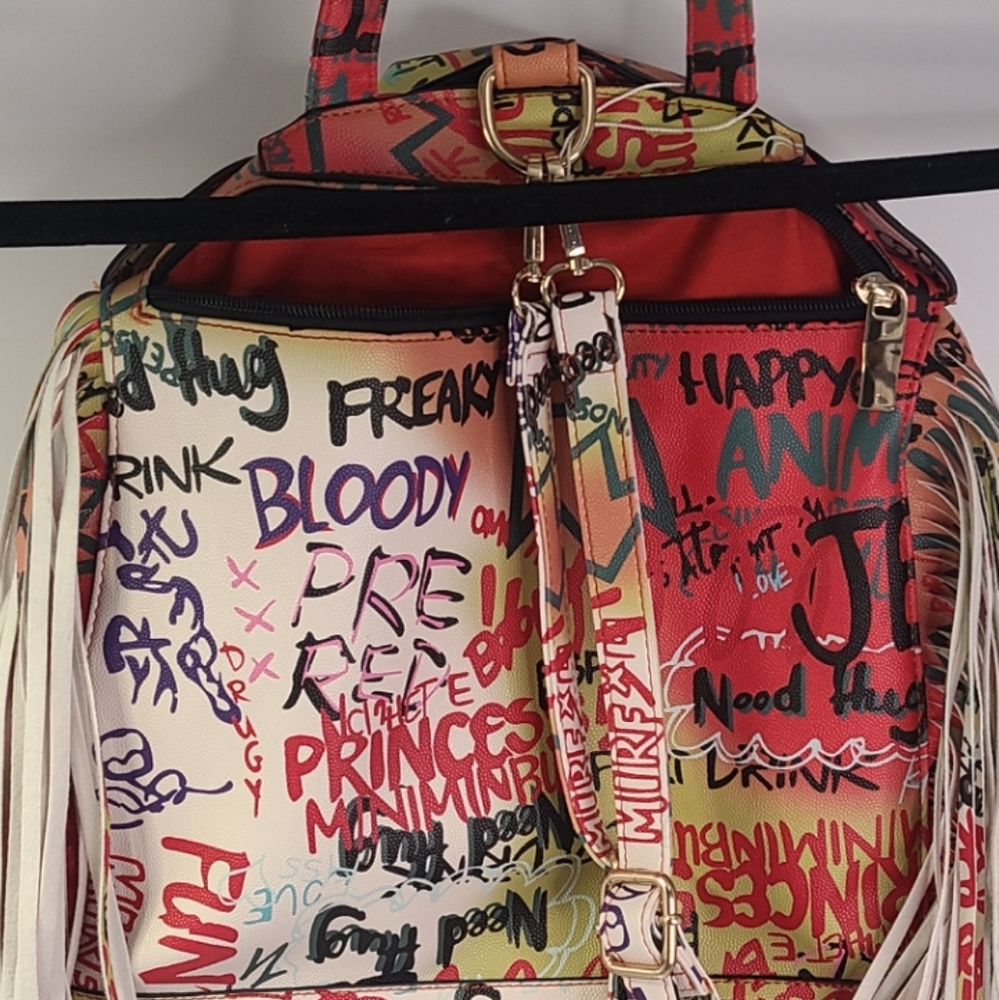 Orange and white multicolored biker graffiti fringe top handle backpack size M/L - Picture 5 of 7